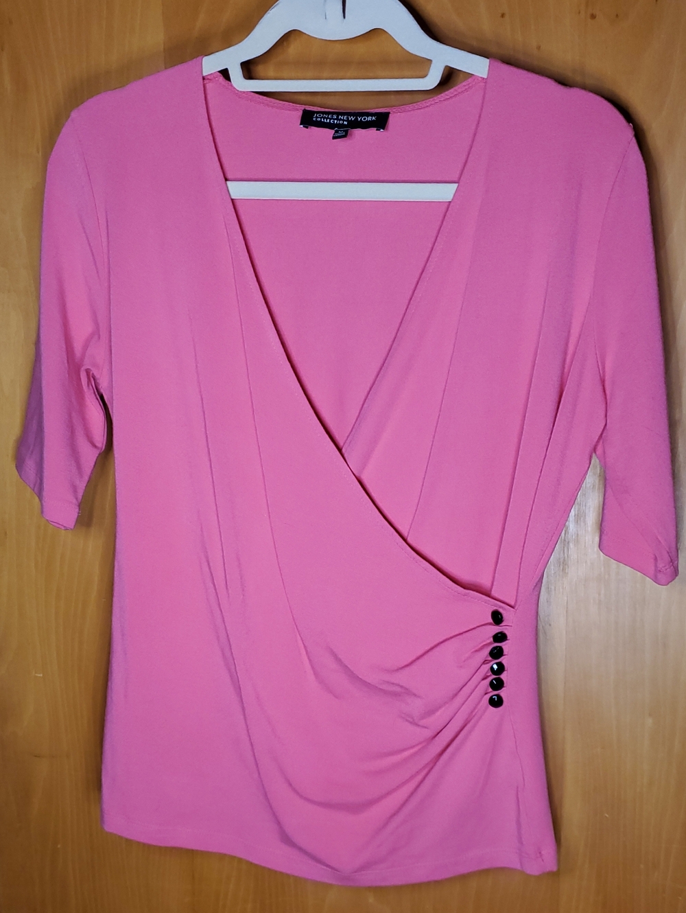 Jones New York Pink Faux Wrap Short Sleeve Blouse with Side Button Detail